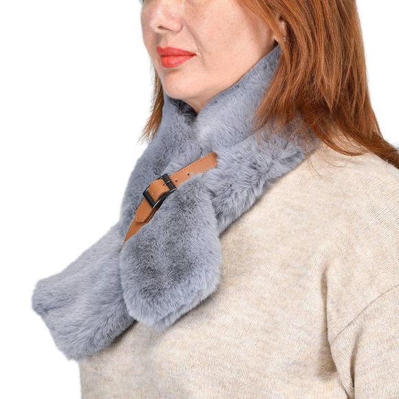 Faux Fur Polyester Scarf with Buckle (35 x 5) Gray - Picture 2 of 3